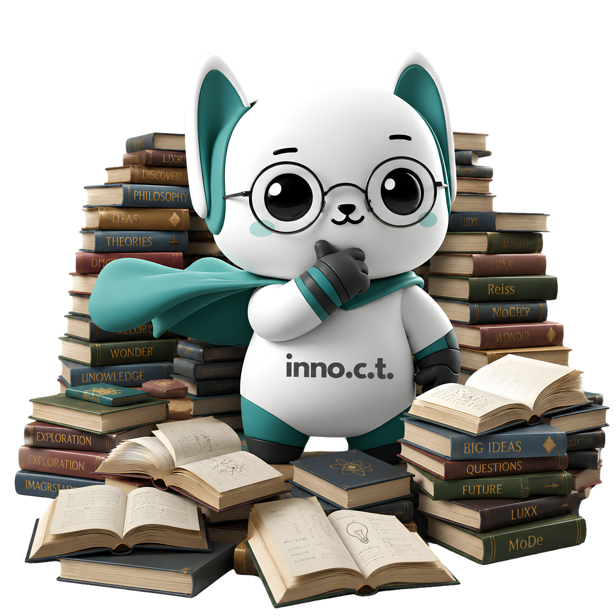 Tino reading, surrounded by books